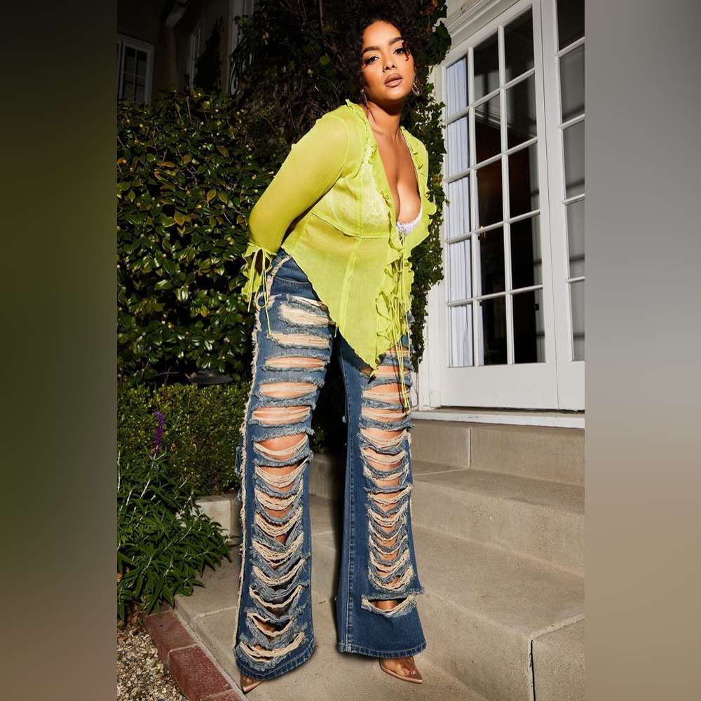 Fashion Nova Blue Distressed Flare Jeans - Picture 1 of 6